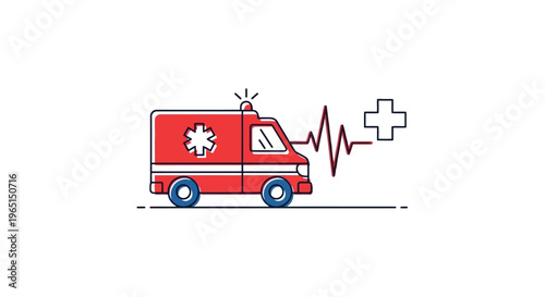 Red ambulance van with medical cross and heartbeat line icon, emergency medical services