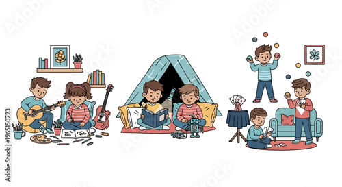 Children engaging in creative activities: music, reading, and juggling indoors