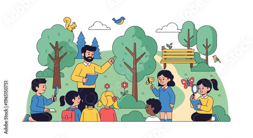 Teacher leading outdoor nature lesson for diverse children in a park with butterflies and wildlife