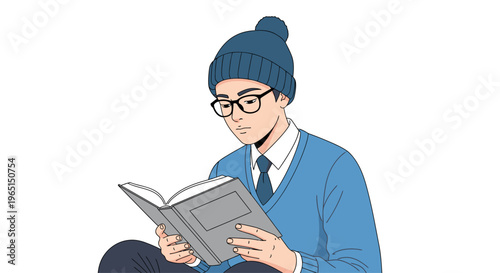 Young man in beanie and glasses reading a book, focused and studious, isolated on white background