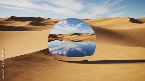 Desert Mirage Circle Reflects Sky and Dunes.