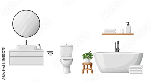 Modern Bathroom Suite: Bathtub, Toilet, Sink, Mirror, and Accessories