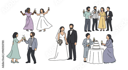 Diverse Wedding Celebration: Couples Toasting, Cake Cutting, and Guests Enjoying Festivities