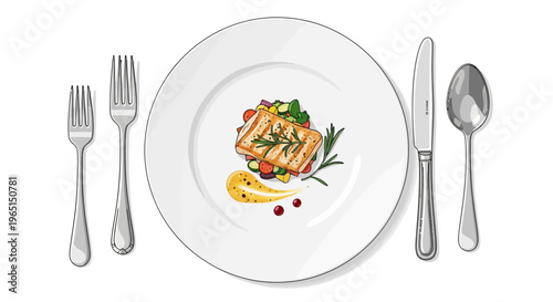 Gourmet Grilled Fish Dish with Vegetables and Sauce on White Plate, Top View