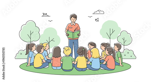 Teacher Reading Book to Children Outdoors in Park, Storytelling Session