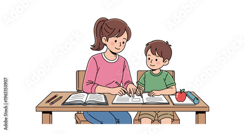 Mother Helping Son With Homework at Desk, Education and Learning Concept