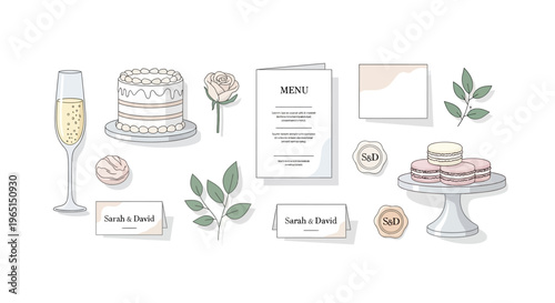 Wedding Stationery and Desserts Flat Lay: Cake, Macarons, Champagne, Menu, Place Cards