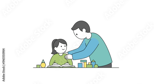 Father Teaching Daughter Reading and Playing with Blocks, Family Bonding, Education