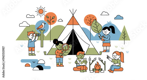 Children enjoy camping outdoors with a tent, campfire, and nature exploration activities.