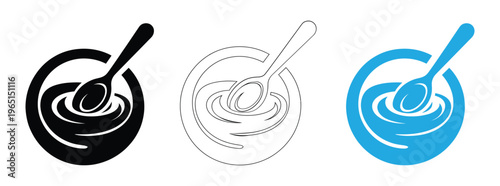 Spoon in bowl icon set in black, line art, and blue on white background Vector illustration