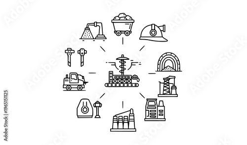 Modern coal mine icons collection in circular layout with mining industry equipment and energy production symbols