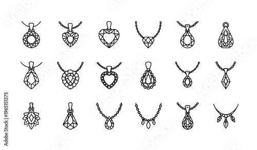 Pendant diamond jewelry outline icons set with luxury necklace gemstone and elegant accessory symbols for web design