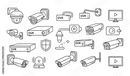 Minimal DVR camera outline icons set with CCTV surveillance recording monitoring and security symbols isolated on white