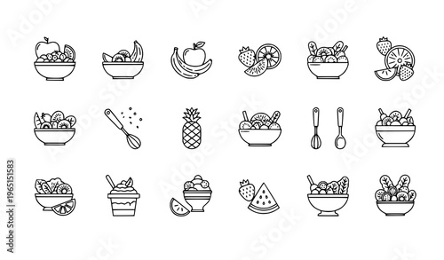 Fruit salad outline icons set with fresh mixed fruits bowls slices and healthy dessert symbols for web design