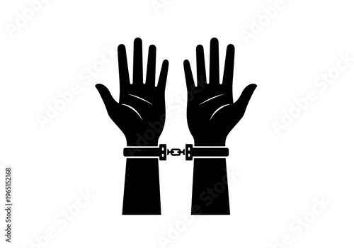 A striking black silhouette displays two raised human hands with fingers spread wide, their wrists firmly bound together by locked metal handcuffs, symbolizing a total loss of freedom and confinement