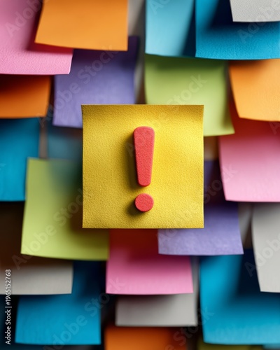 Exclamation mark icon on colorful sticky notes wall
