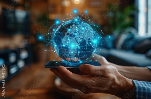 Holographic globe with glowing network nodes emerging from smartphone in hands