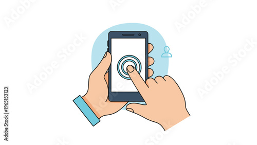 Close up of hands holding a smartphone and touching a circular target on the screen for mobile application interaction concept.