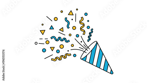 Blue and white striped festive party popper exploding with yellow and blue confetti shapes for celebrations and birthdays.