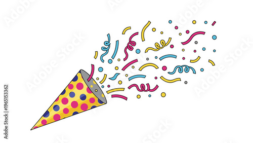 Yellow party popper with pink polka dots exploding with a spray of colorful confetti and streamers for festive occasions.