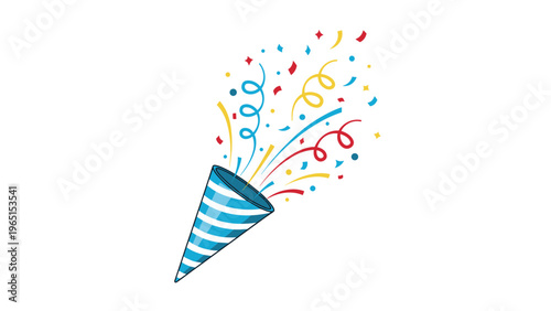 Blue and white striped cone party popper exploding with a variety of colorful confetti shapes for birthday celebrations.