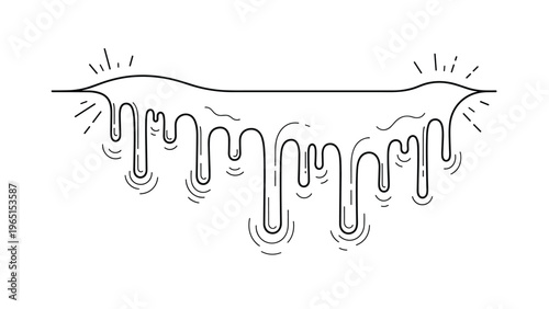 Line art illustration showing a melting liquid substance dripping down from a horizontal line with stylized splash marks around it.