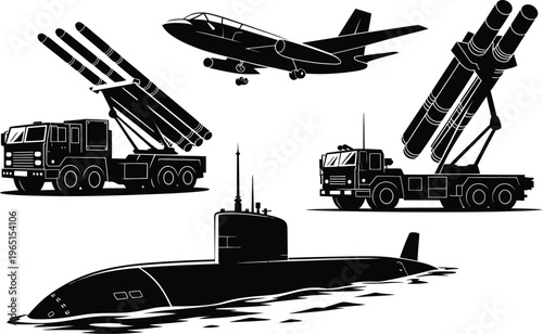 Military equipment silhouette set with missile launcher truck aircraft and submarine in black vector icon style