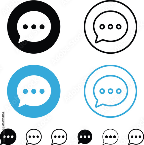 Speech bubble icon set with black white and blue chat symbols featuring three dot message design