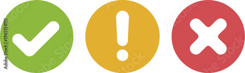 Status icon set with checkmark exclamation and cross symbols in green yellow and red flat UI design