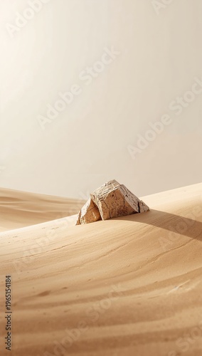 Sand dunes with a weathered stone formation in a desert landscape