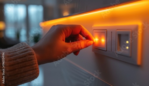 Hand adjusting a modern light switch, dimming bright orange LED strip lighting in a room