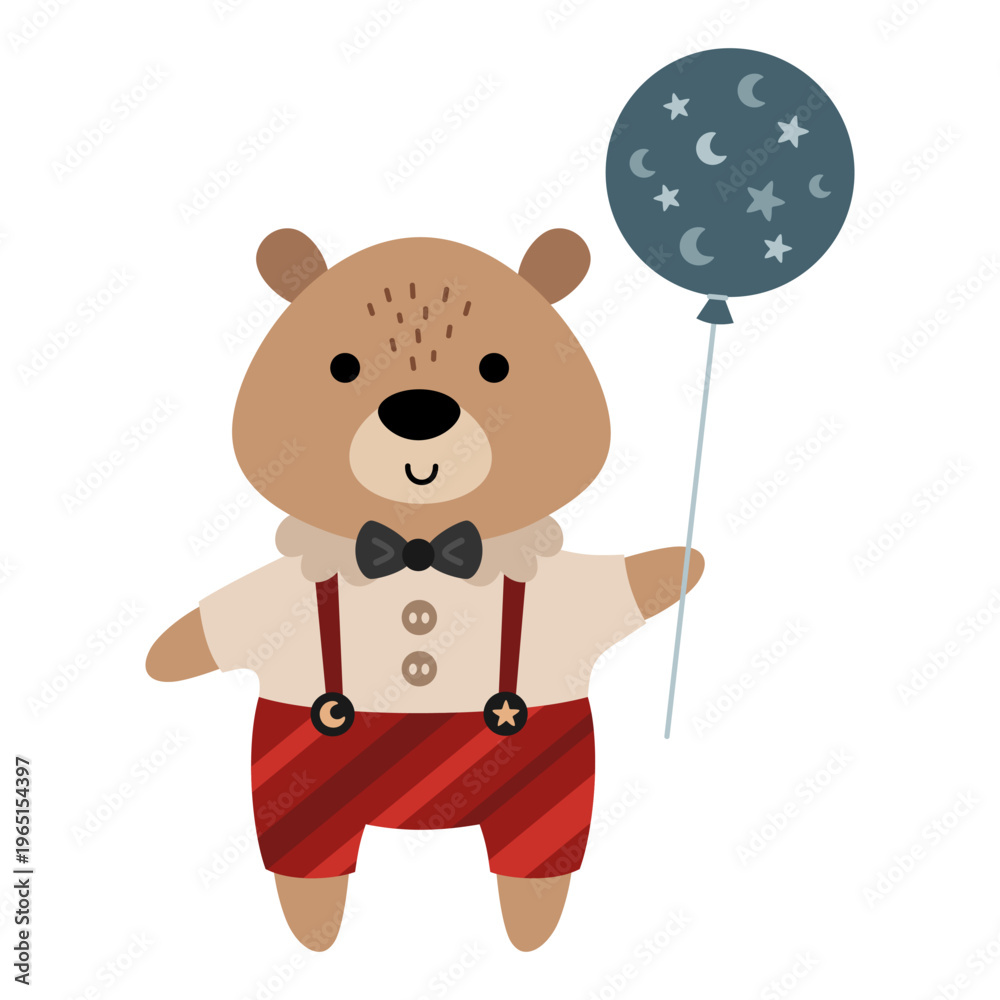 Fototapeta premium Cartoon Birthday Bear Clipart. Cute Festive Animal Image for Kids Party Decor. Vector Illustration