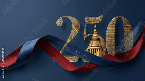 Elegant 250th anniversary design with golden numbers, Liberty Bell outline and patriotic ribbon. Luxury background for United States 250 years celebration and historical independence.