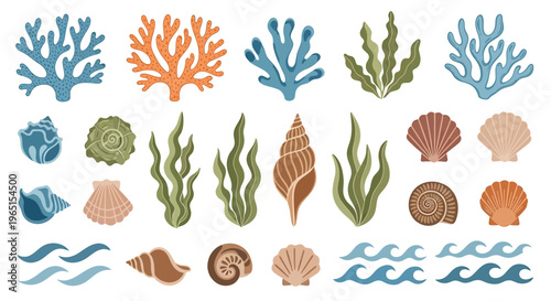 Seafood icons, ocean elements, 20 sea coral, shell and wave graphics, marine life vector set