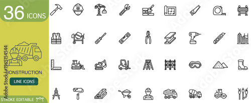 Construction line icon tool vehicle equipment worker helmet blueprint set featuring 36 stroke editable outline symbols for building site, engineering, safety gear, machine, and material
