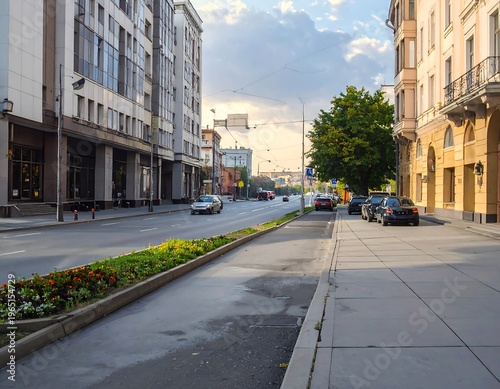 A city street with buildings and cars on a sunny day