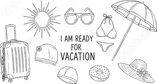 "Vacation Ready with Luggage, Sunglasses, Swimwear, and Sun Accessories in Line Art"