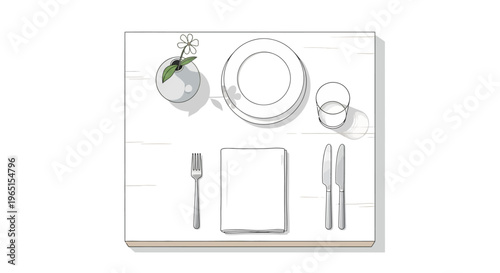 Minimalist Table Setting: Plate, Glass, Cutlery, Napkin, Vase with Flower