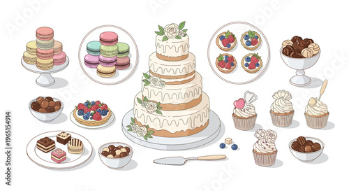 Wedding Cake and Desserts Assortment: Macarons, Cupcakes, Chocolates, Tarts