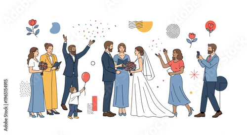 Diverse Wedding Ceremony Celebration: Couple, Guests, Confetti, Balloons, Modern Flat Illustration
