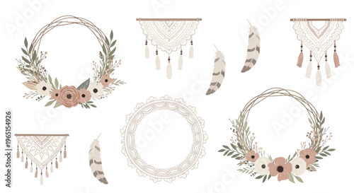Bohemian Decor Elements: Floral Wreaths, Macrame Hangings, Feathers - Boho Style