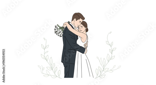 Romantic Couple Embracing on Wedding Day, Bride and Groom Hugging Affectionately