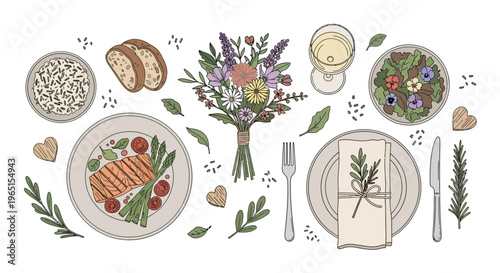 Elegant Dinner Setting with Salmon, Salad, Bread, and Flowers - Top View