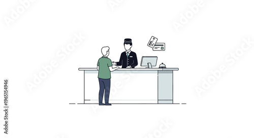 Hotel reception check-in: guest interacting with concierge at counter, credit cards