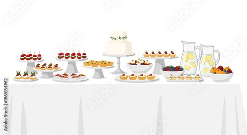 Elegant Dessert Table Buffet with Wedding Cake, Pastries, Fruits, and Drinks