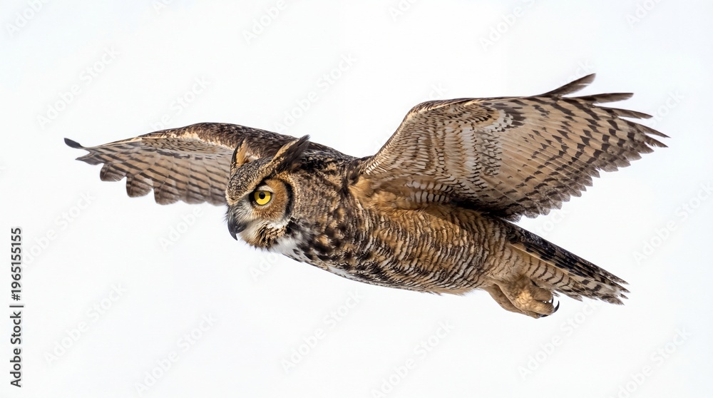Fototapeta premium A majestic great horned owl soaring through the sky with its large wings fully spread in flight