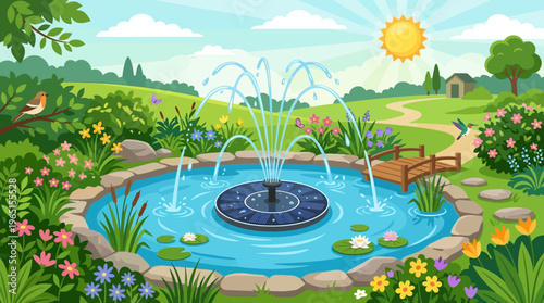 Idyllic Cartoon Garden Scene with Water Fountain