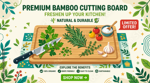 Bamboo Cutting Board with Herbs and Vegetables