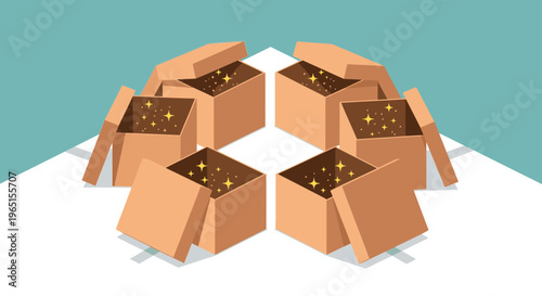 Six open cardboard boxes filled with sparkling gold glitter, arranged in a circle on a white surface.