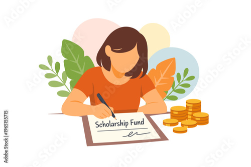 Young woman filling out scholarship fund application form with coins nearby.